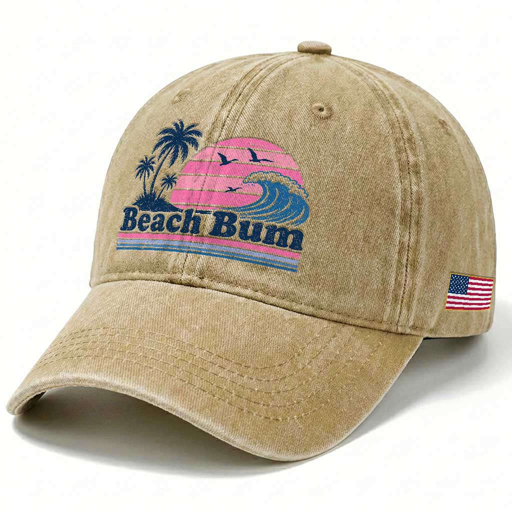 Beach Bum Washed Cotton Baseball Cap Retro Summer Vacation Surf Wave Tropical Sunset Aesthetic