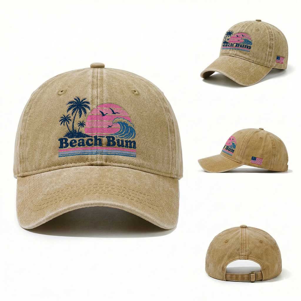Beach Bum Washed Cotton Baseball Cap Retro Summer Vacation Surf Wave Tropical Sunset Aesthetic