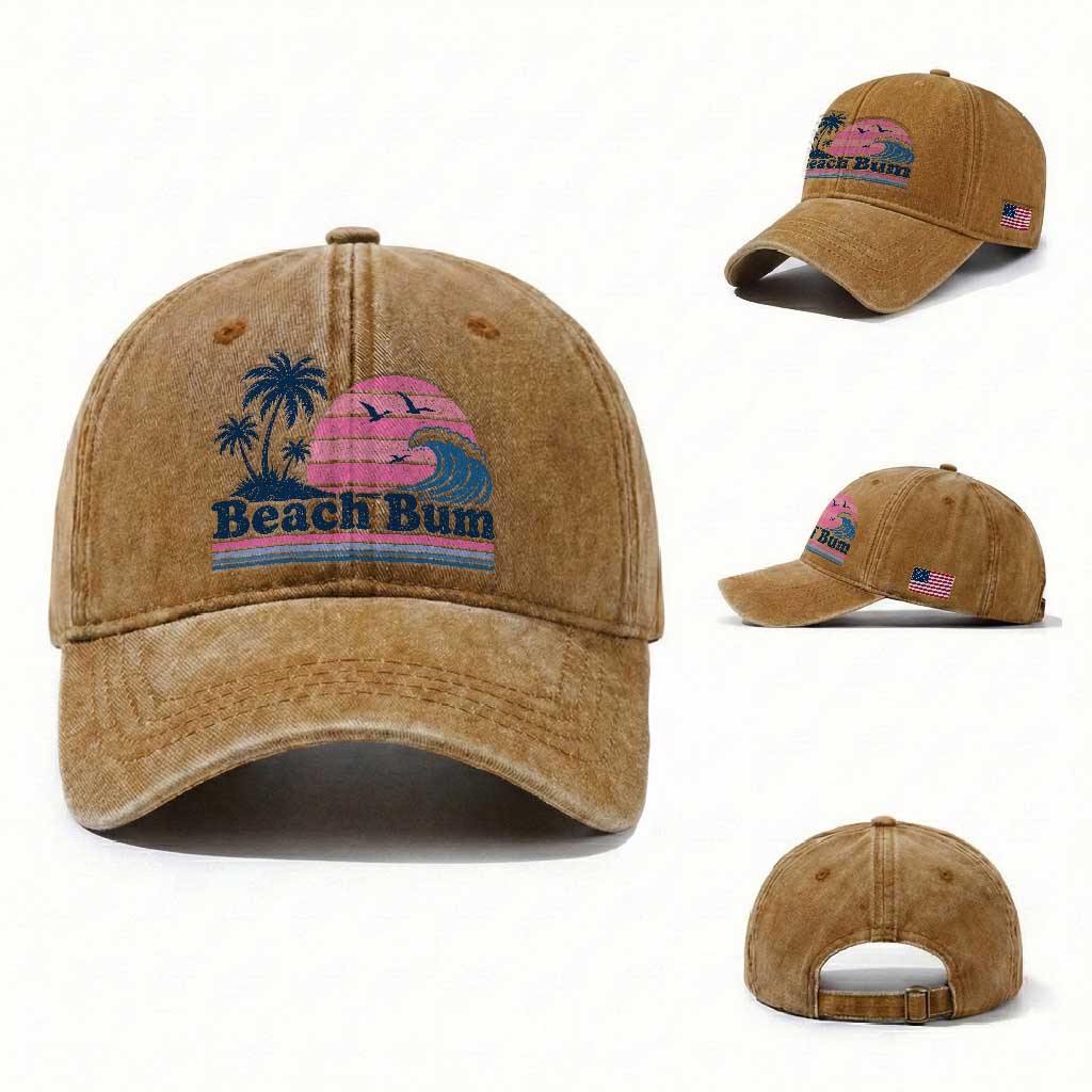 Beach Bum Washed Cotton Baseball Cap Retro Summer Vacation Surf Wave Tropical Sunset Aesthetic