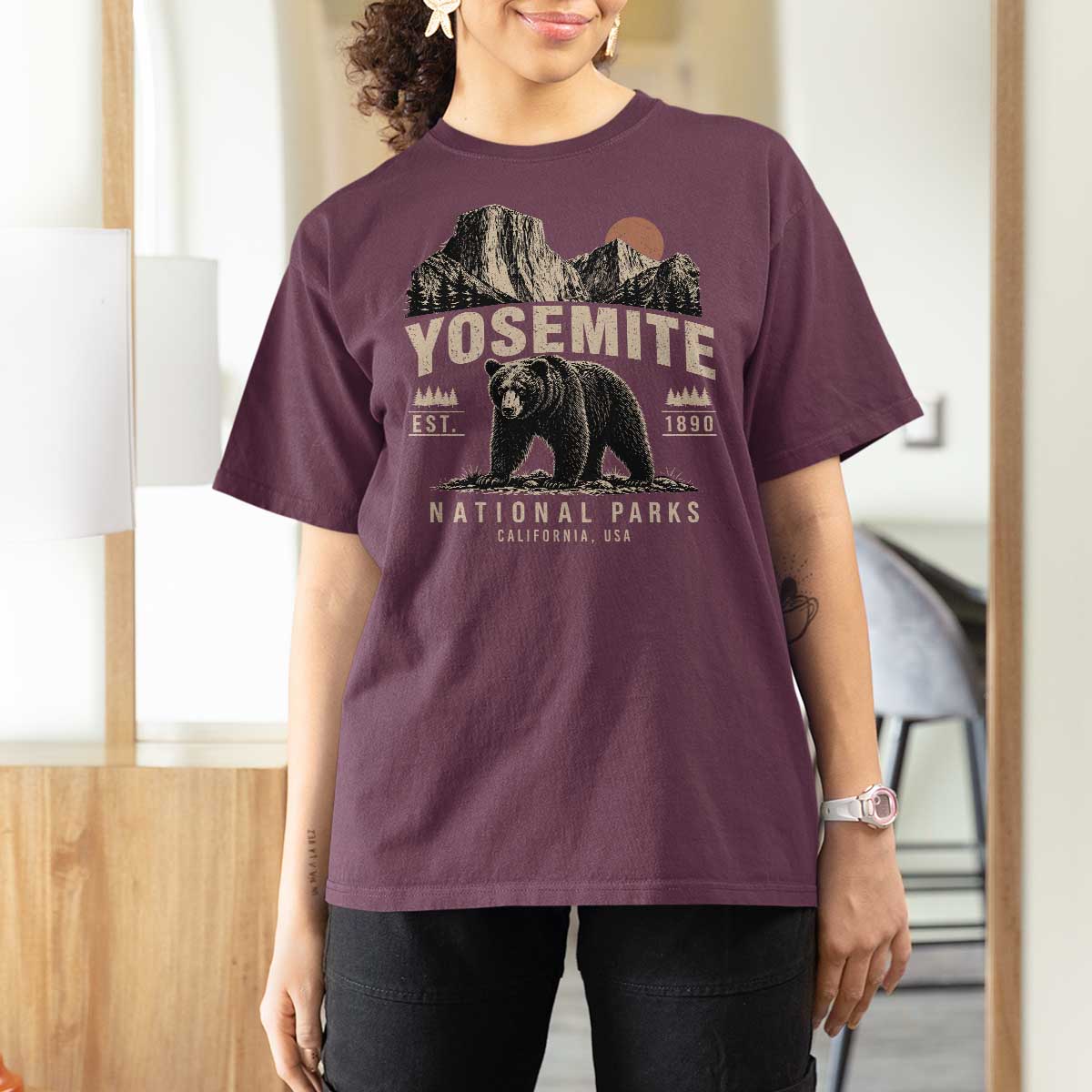 Vintage Yosemite National Park T Shirt For Women Retro Bear Nature Wildlife Forest