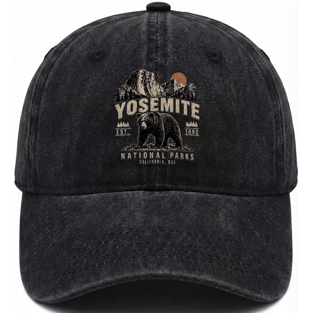 Vintage Yosemite National Park Washed Cotton Baseball Cap Retro Bear Nature Wildlife Forest