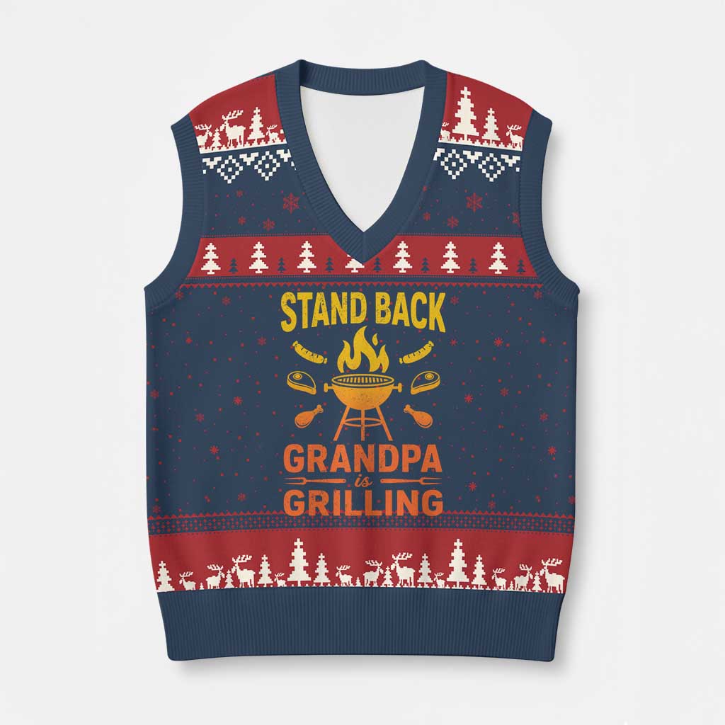 Grandpa Is Grilling V-Neck Knit Sweater Vest Funny Fathers Day BBQ