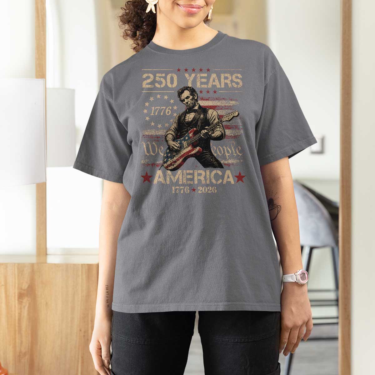 Abraham Lincoln Playing Guitar 250th Anniversary T Shirt For Women 250 Years 1776 2026 4th July USA Flag We The People
