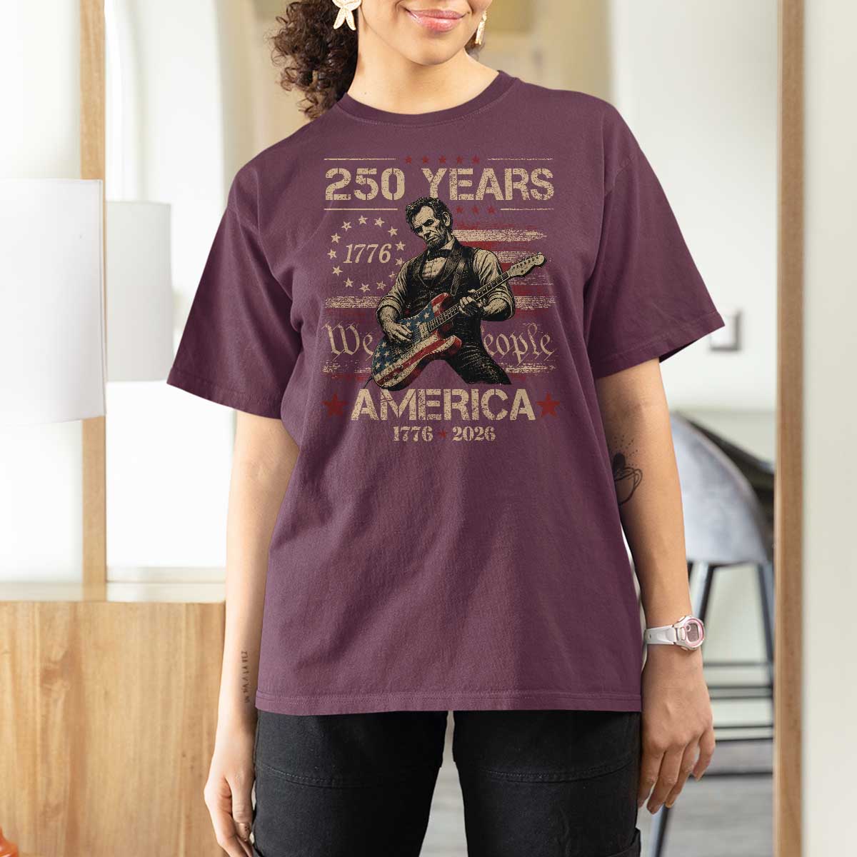Abraham Lincoln Playing Guitar 250th Anniversary T Shirt For Women 250 Years 1776 2026 4th July USA Flag We The People