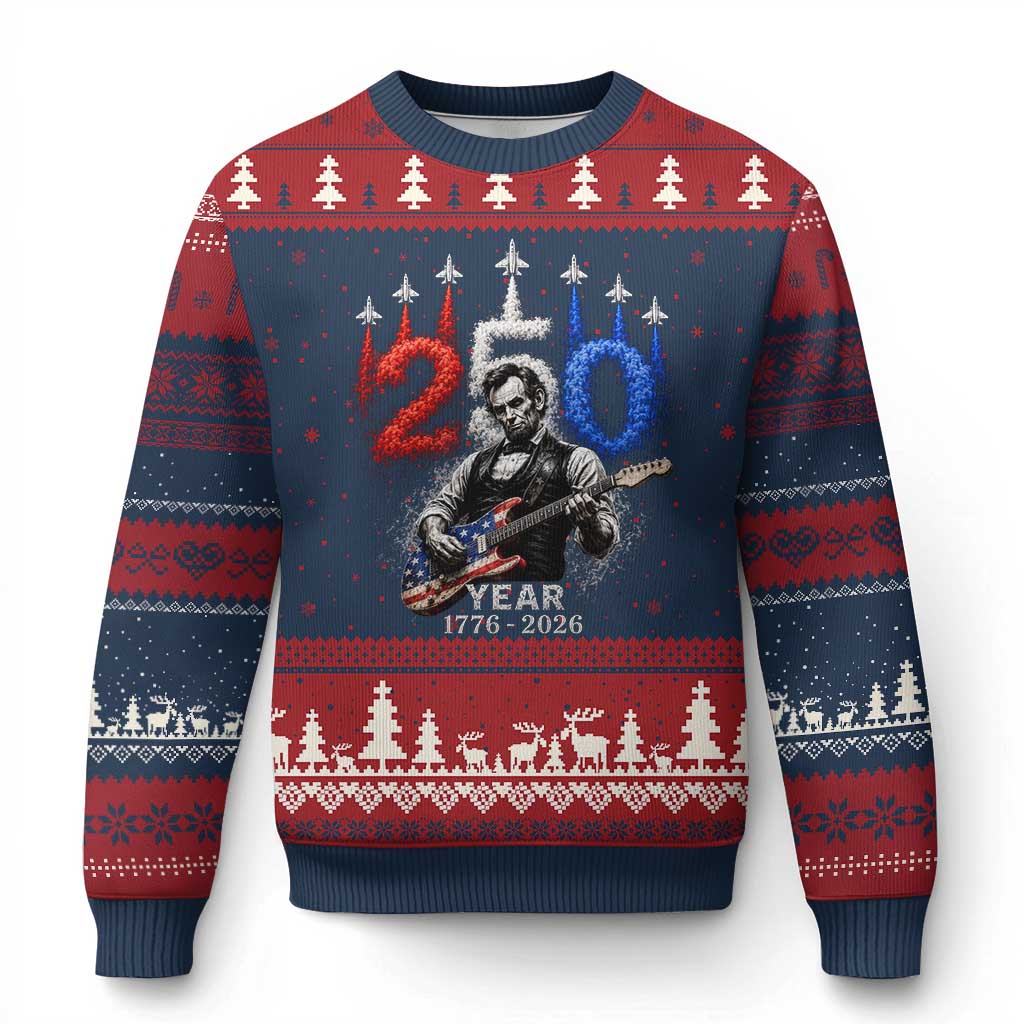 Vintage Abraham Lincoln Abe Lincoln Playing Guitar 250 Years Ugly Christmas Sweater 1776 2026 Humor Patriotic