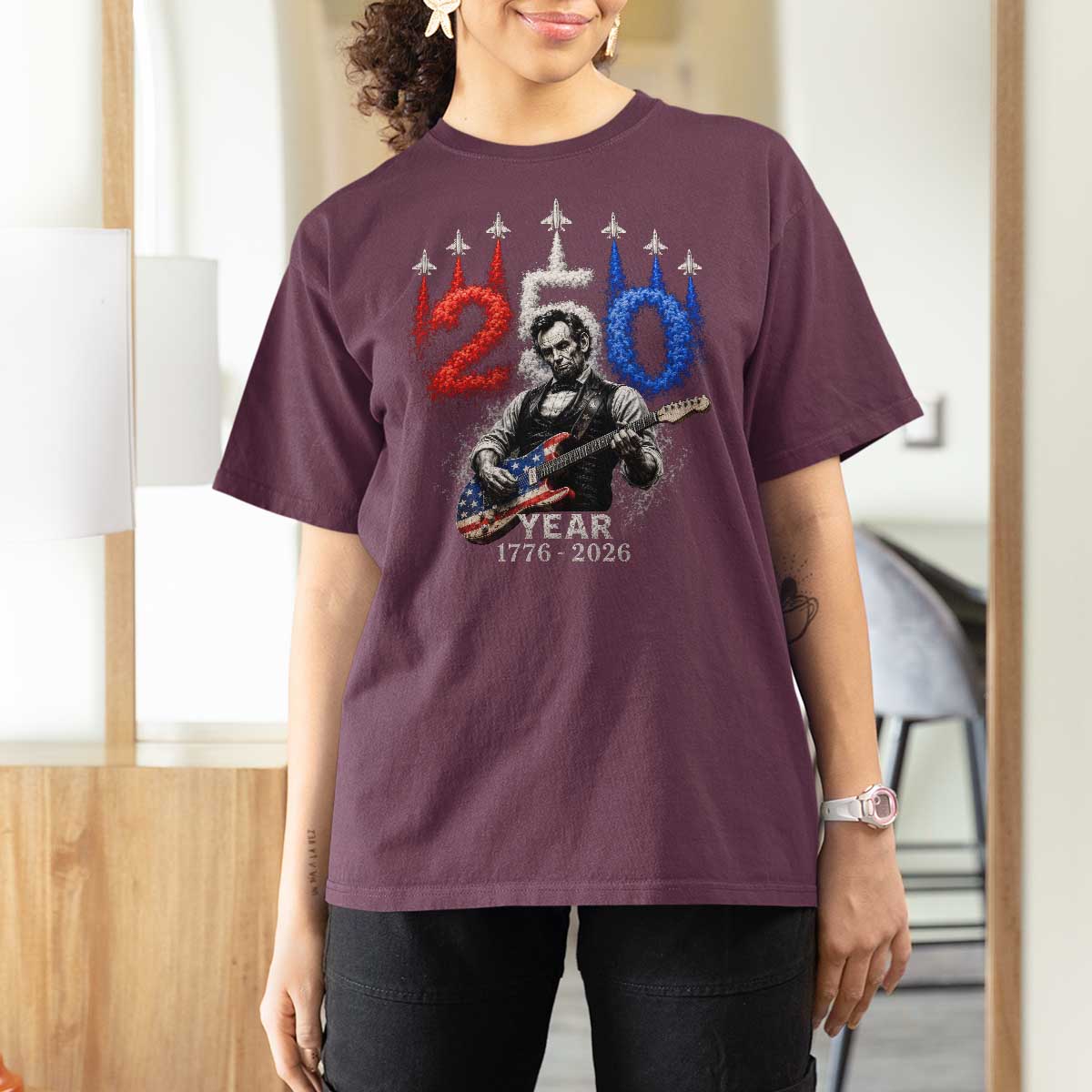 Vintage Abraham Lincoln Abe Lincoln Playing Guitar 250 Years T Shirt For Women 1776 2026 Humor Patriotic