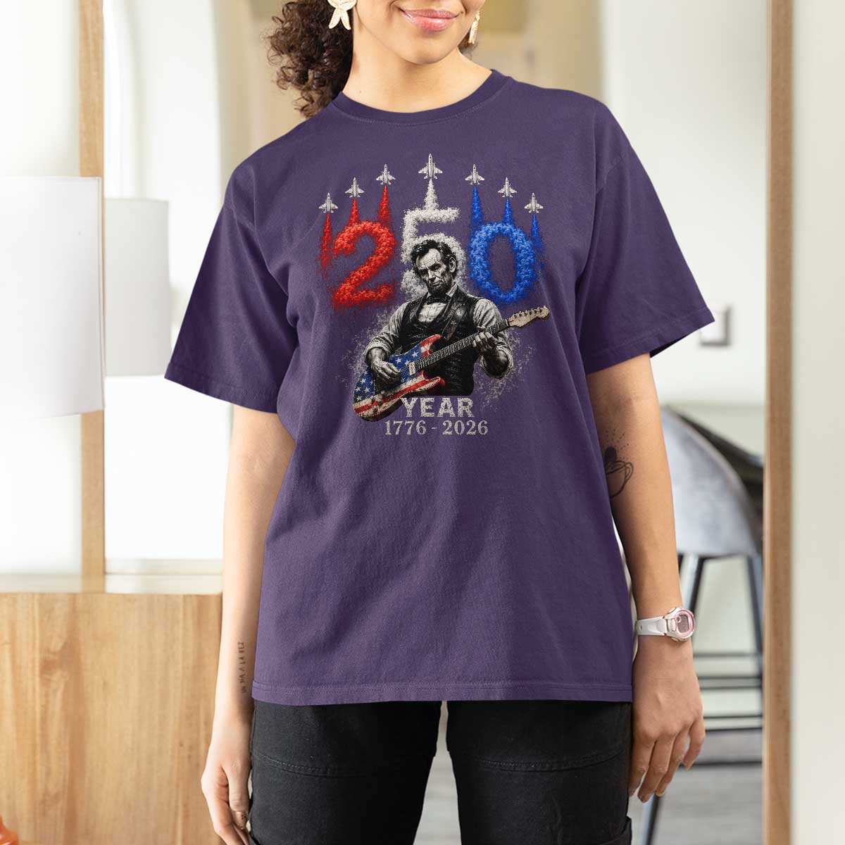 Vintage Abraham Lincoln Abe Lincoln Playing Guitar 250 Years T Shirt For Women 1776 2026 Humor Patriotic