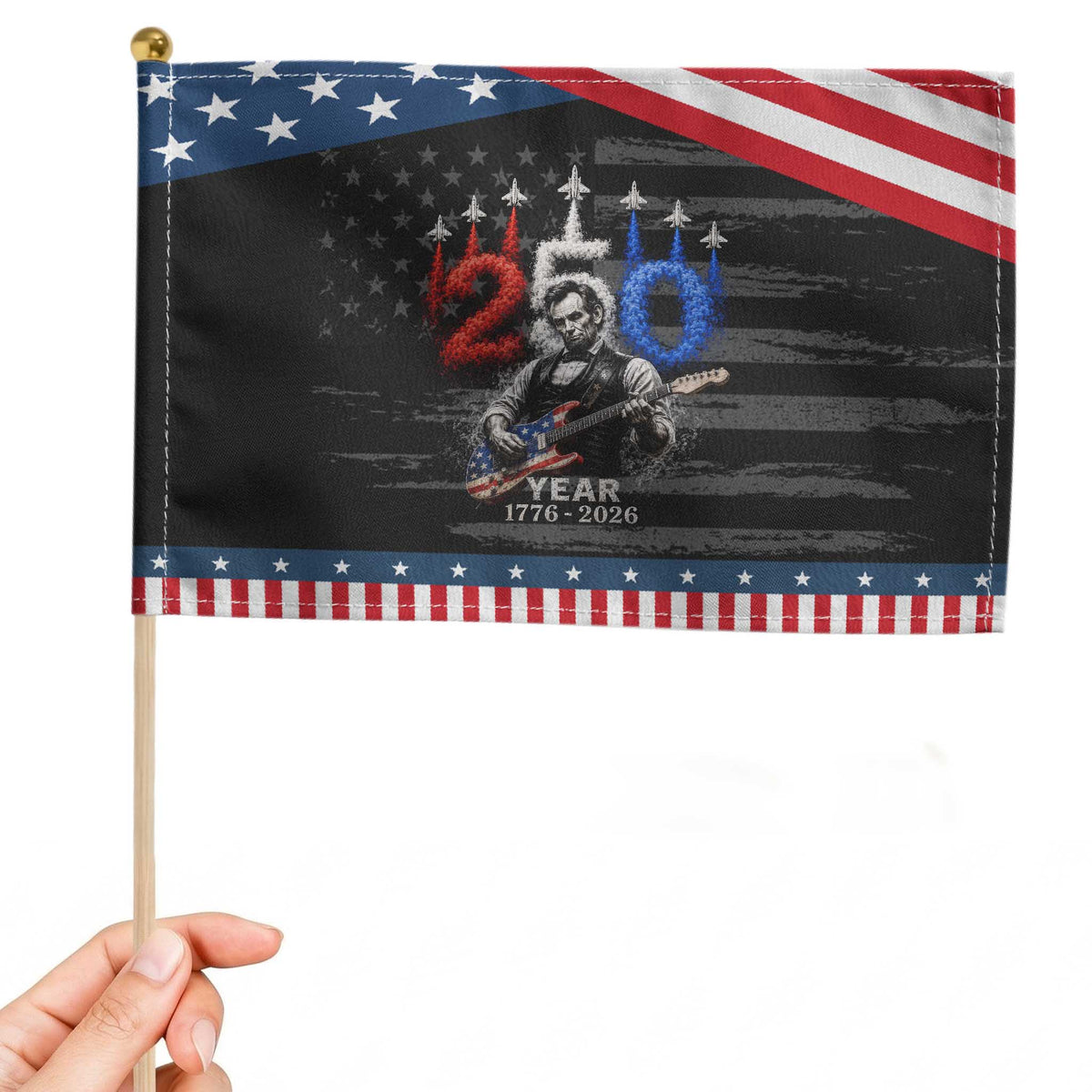 Vintage Abraham Lincoln Abe Lincoln Playing Guitar 250 Years Patriotic Handheld Flag 1776 2026 Humor Patriotic