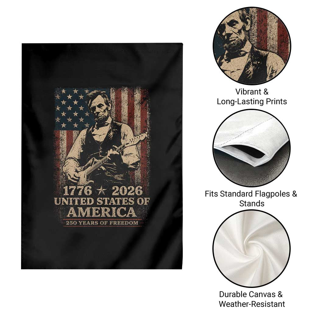 Vintage Abraham Lincoln Abe Lincoln Playing Guitar 250 Years Garden Flag 1776 2026 Humor Patriotic USA Flag