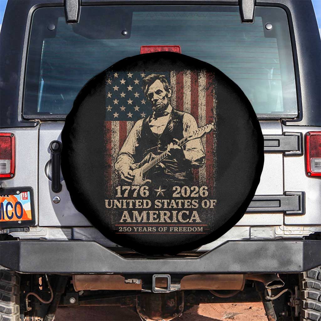 Vintage Abraham Lincoln Abe Lincoln Playing Guitar 250 Years Spare Tire Cover 1776 2026 Humor Patriotic USA Flag