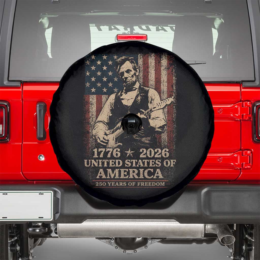 Vintage Abraham Lincoln Abe Lincoln Playing Guitar 250 Years Spare Tire Cover 1776 2026 Humor Patriotic USA Flag