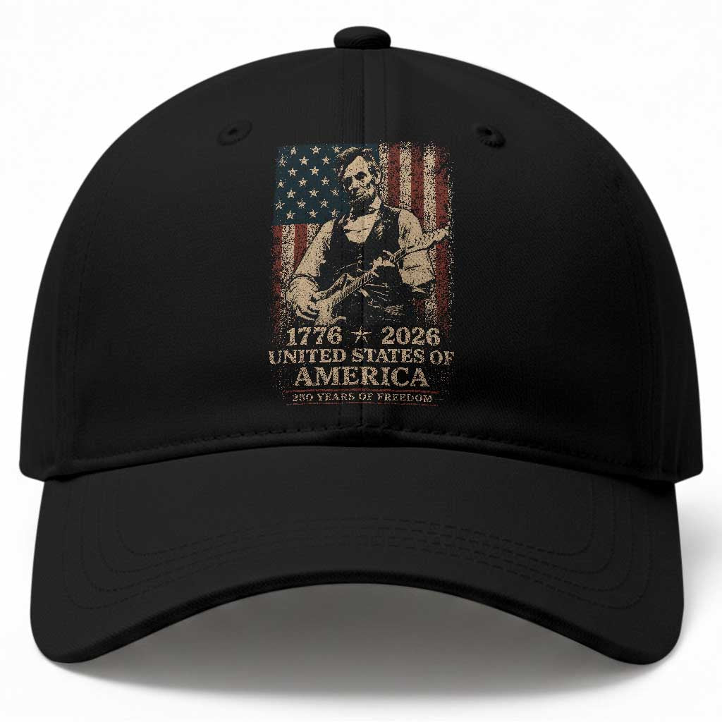 Vintage Abraham Lincoln Abe Lincoln Playing Guitar 250 Years Baseball Cap 1776 2026 Humor Patriotic USA Flag