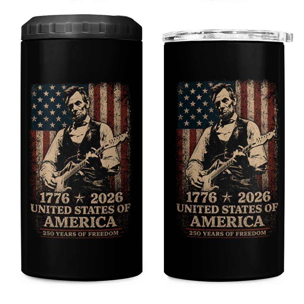 Vintage Abraham Lincoln Abe Lincoln Playing Guitar 250 Years 4 in 1 Can Cooler Tumbler 1776 2026 Humor Patriotic USA Flag