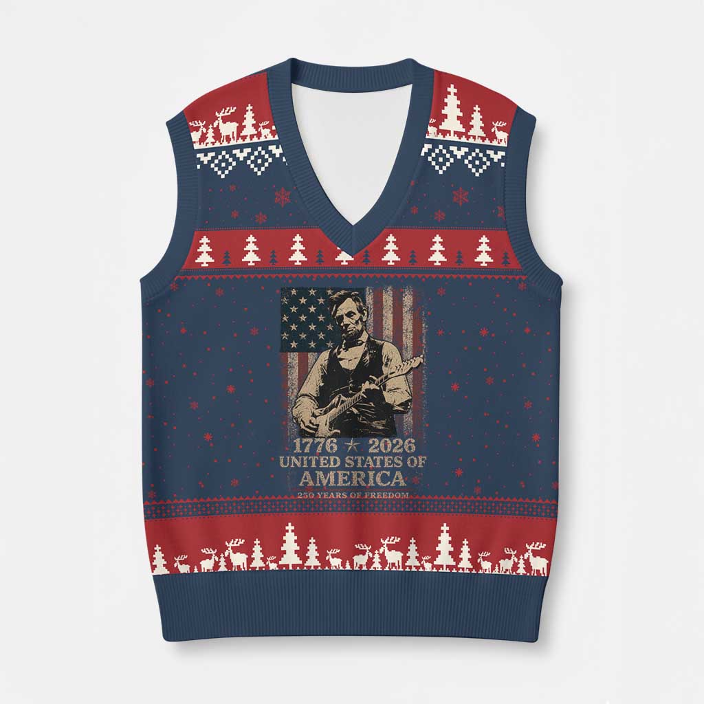 Vintage Abraham Lincoln Abe Lincoln Playing Guitar 250 Years V-Neck Knit Sweater Vest 1776 2026 Humor Patriotic USA Flag