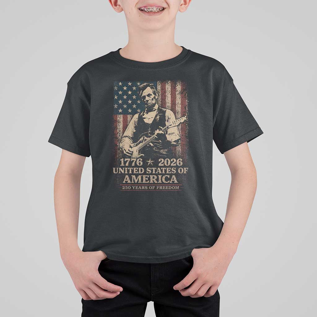 Vintage Abraham Lincoln Abe Lincoln Playing Guitar 250 Years T Shirt For Kid 1776 2026 Humor Patriotic USA Flag