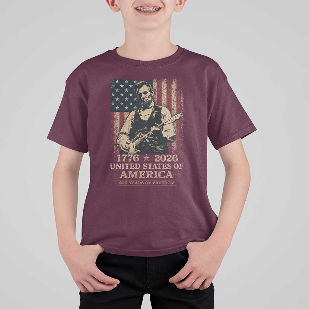Vintage Abraham Lincoln Abe Lincoln Playing Guitar 250 Years T Shirt For Kid 1776 2026 Humor Patriotic USA Flag