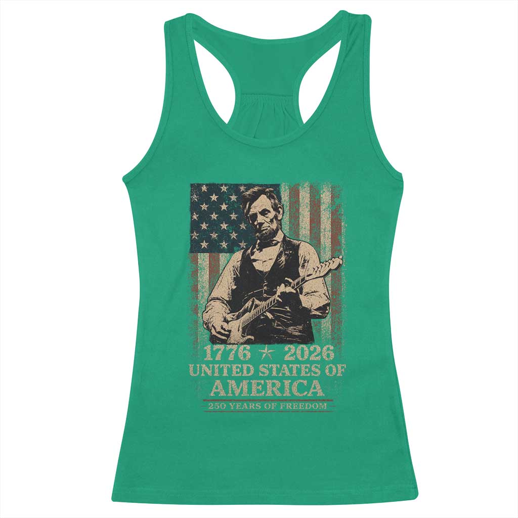 Vintage Abraham Lincoln Abe Lincoln Playing Guitar 250 Years Racerback Tank Top 1776 2026 Humor Patriotic USA Flag