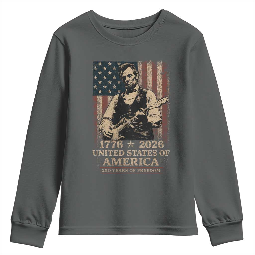 Vintage Abraham Lincoln Abe Lincoln Playing Guitar 250 Years Youth Sweatshirt 1776 2026 Humor Patriotic USA Flag
