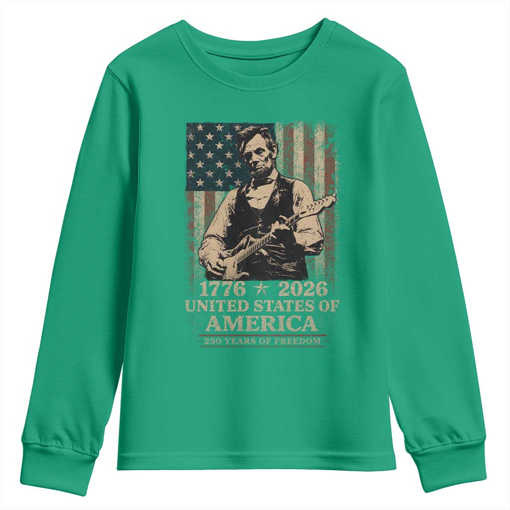 Vintage Abraham Lincoln Abe Lincoln Playing Guitar 250 Years Youth Sweatshirt 1776 2026 Humor Patriotic USA Flag