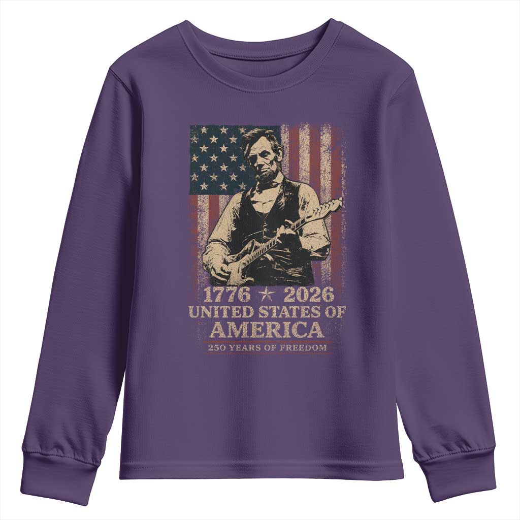 Vintage Abraham Lincoln Abe Lincoln Playing Guitar 250 Years Youth Sweatshirt 1776 2026 Humor Patriotic USA Flag