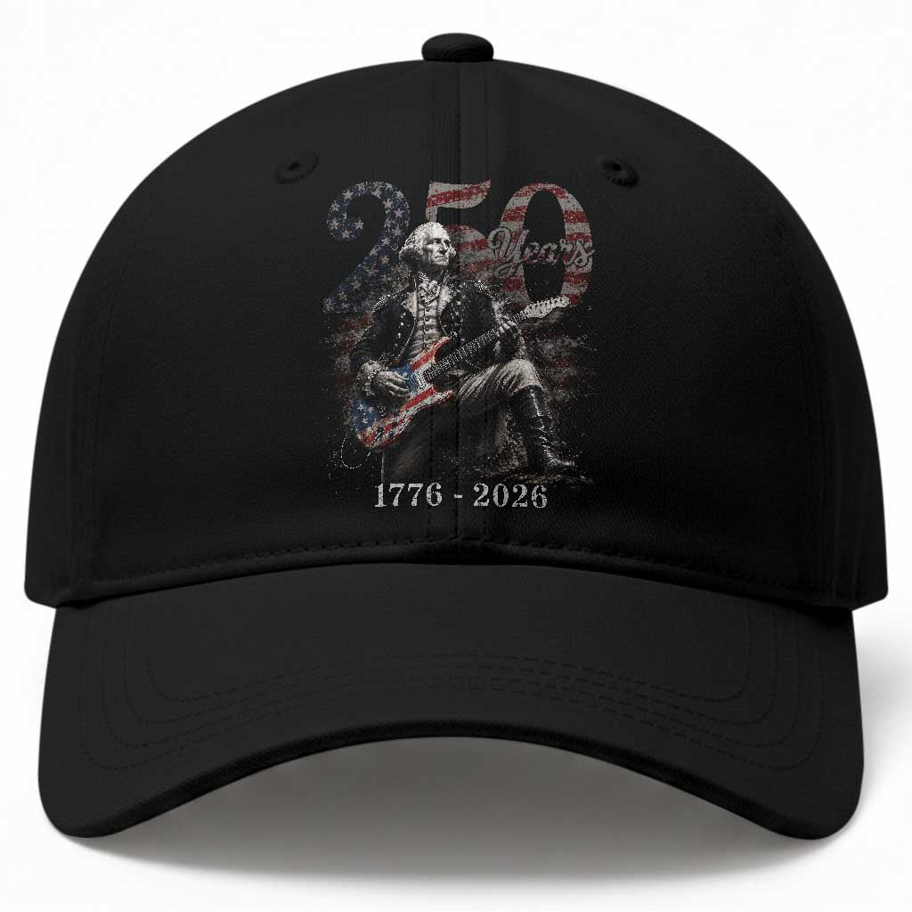 Vintage George Washington Playing Guitar 250 Years Baseball Cap 1776 2026 Humor Patriotic USA Flag