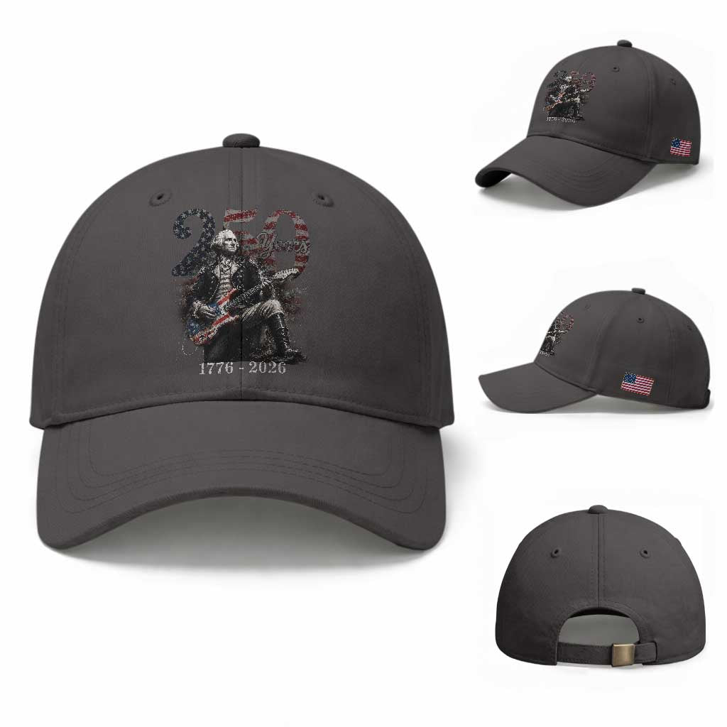 Vintage George Washington Playing Guitar 250 Years Baseball Cap 1776 2026 Humor Patriotic USA Flag