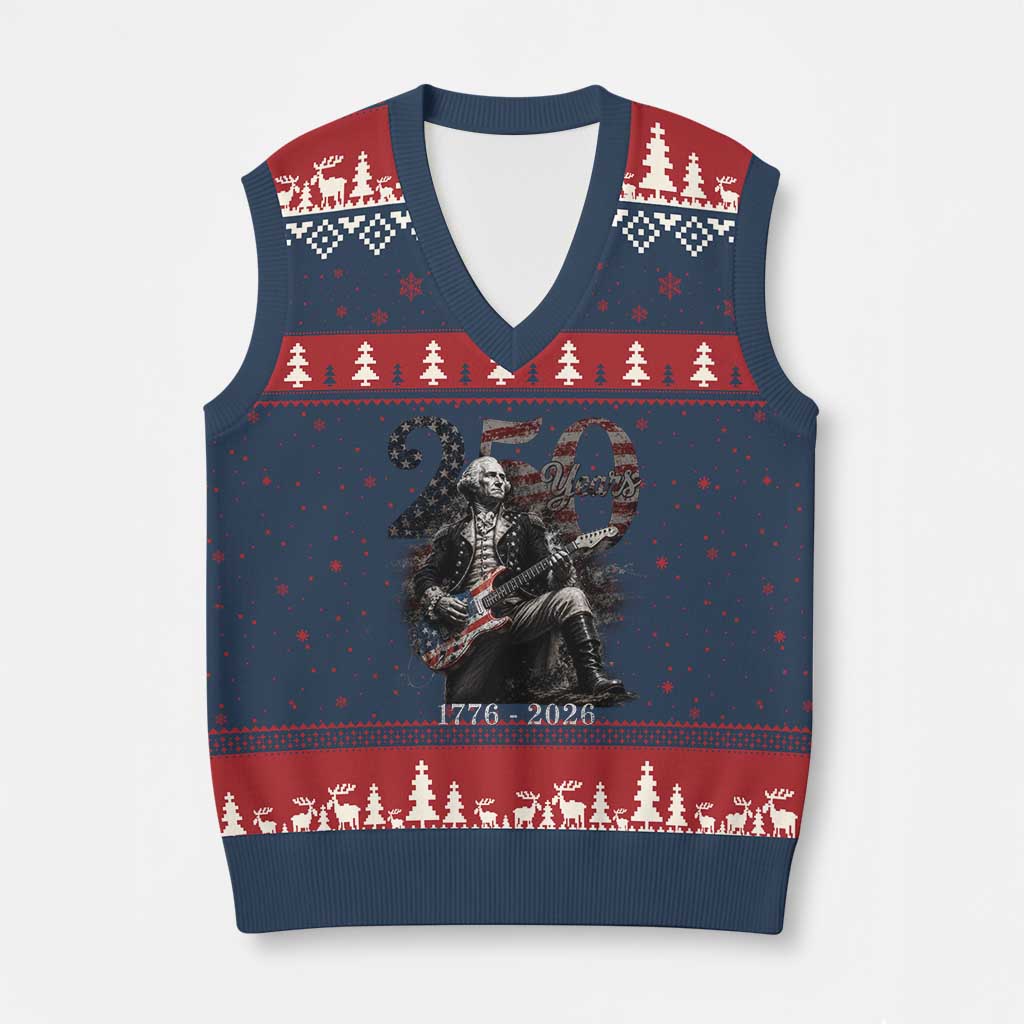 Vintage George Washington Playing Guitar 250 Years V-Neck Knit Sweater Vest 1776 2026 Humor Patriotic USA Flag