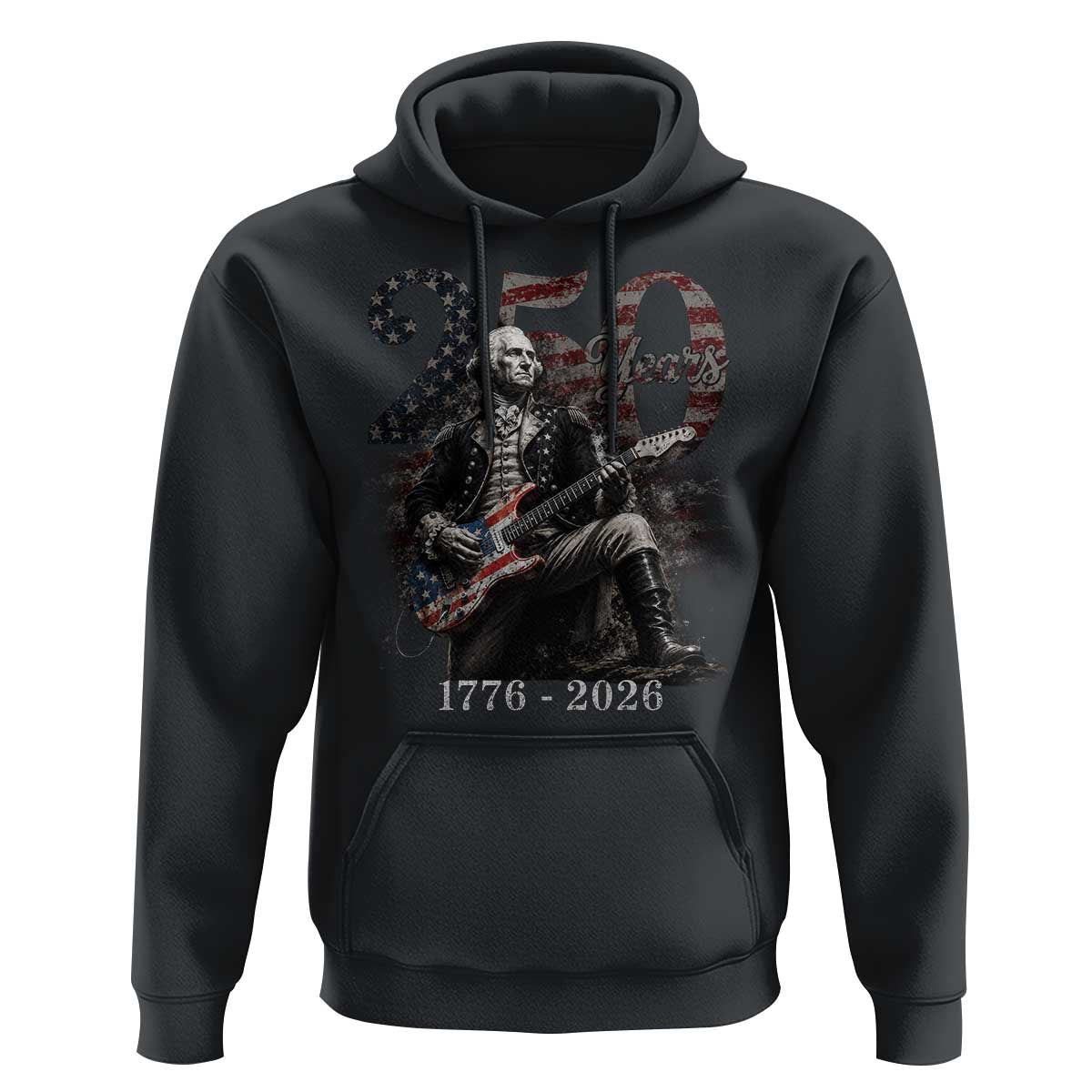 Vintage George Washington Playing Guitar 250 Years Hoodie 1776 2026 Humor Patriotic USA Flag