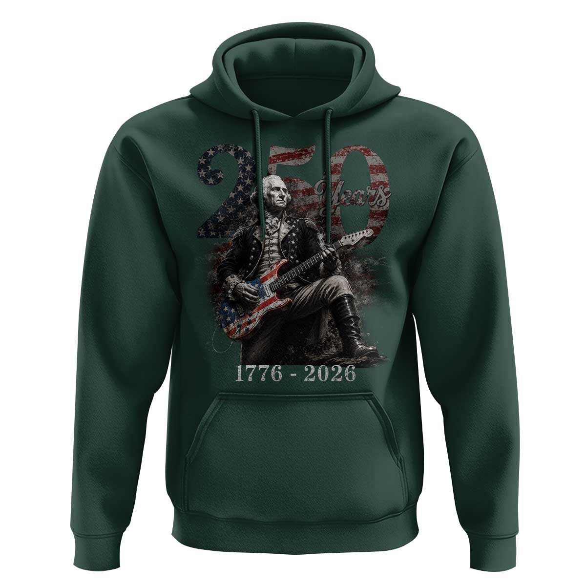 Vintage George Washington Playing Guitar 250 Years Hoodie 1776 2026 Humor Patriotic USA Flag