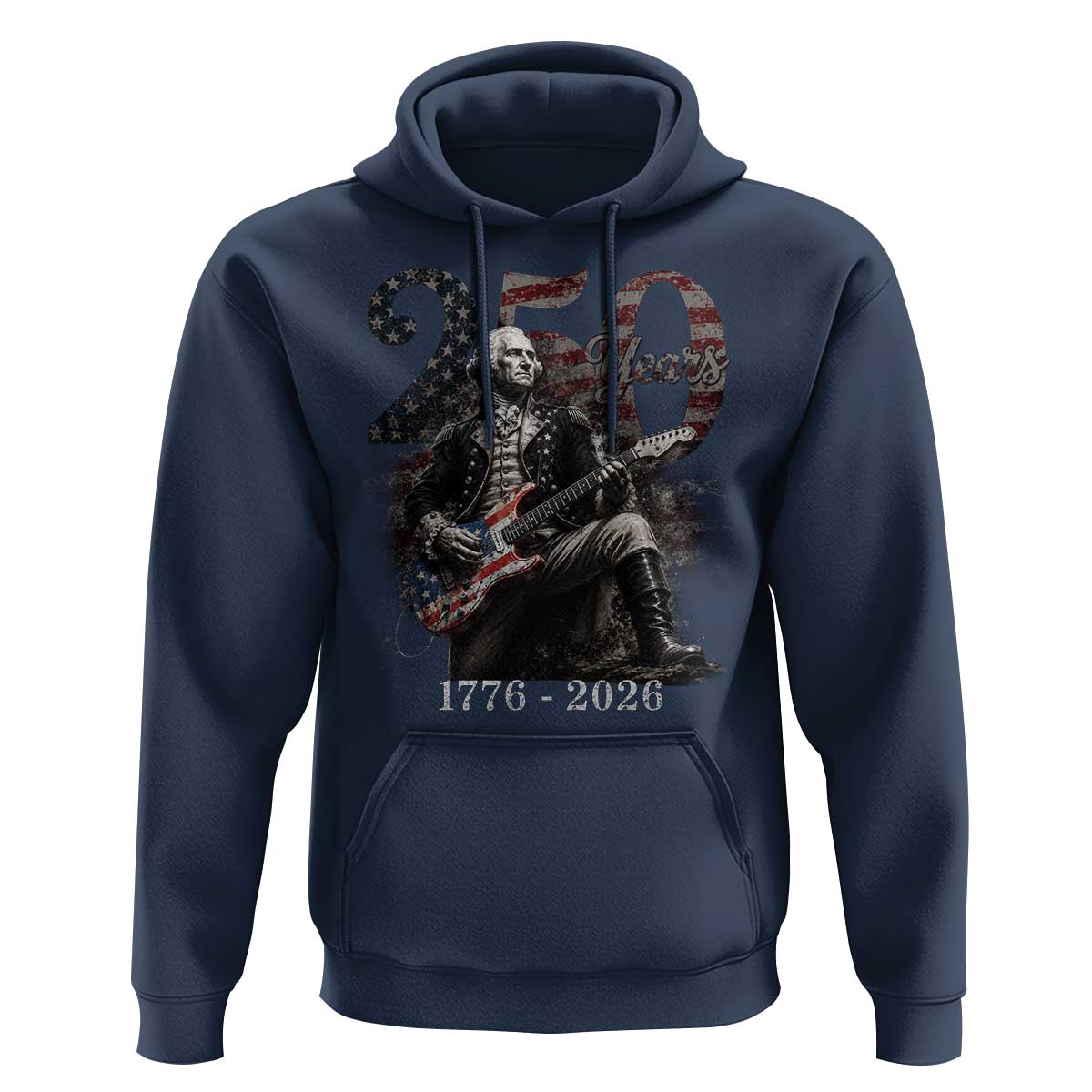 Vintage George Washington Playing Guitar 250 Years Hoodie 1776 2026 Humor Patriotic USA Flag