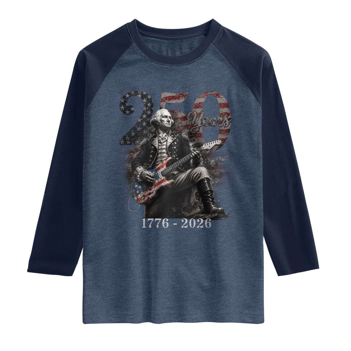 Vintage George Washington Playing Guitar 250 Years Raglan Shirt 1776 2026 Humor Patriotic USA Flag
