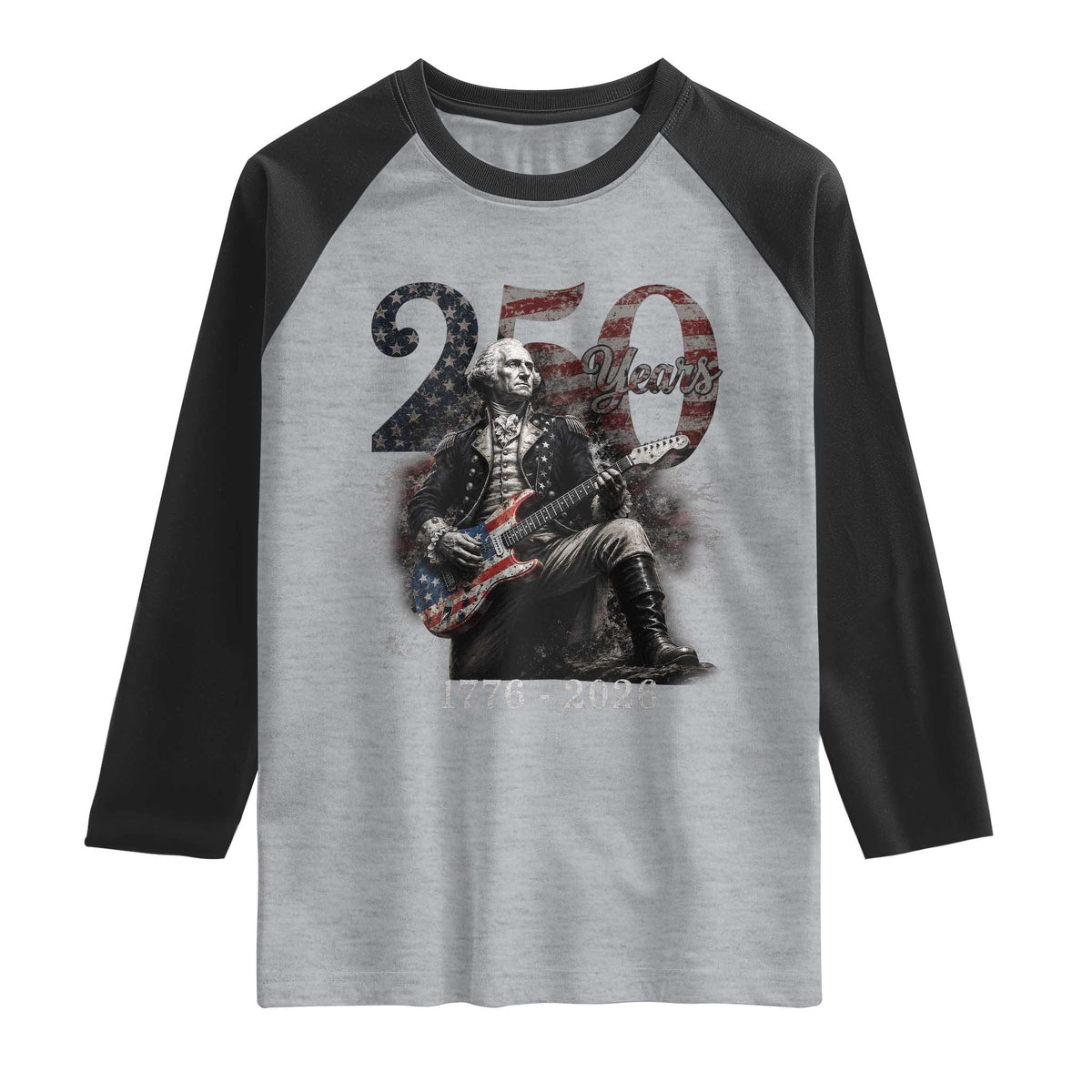 Vintage George Washington Playing Guitar 250 Years Raglan Shirt 1776 2026 Humor Patriotic USA Flag