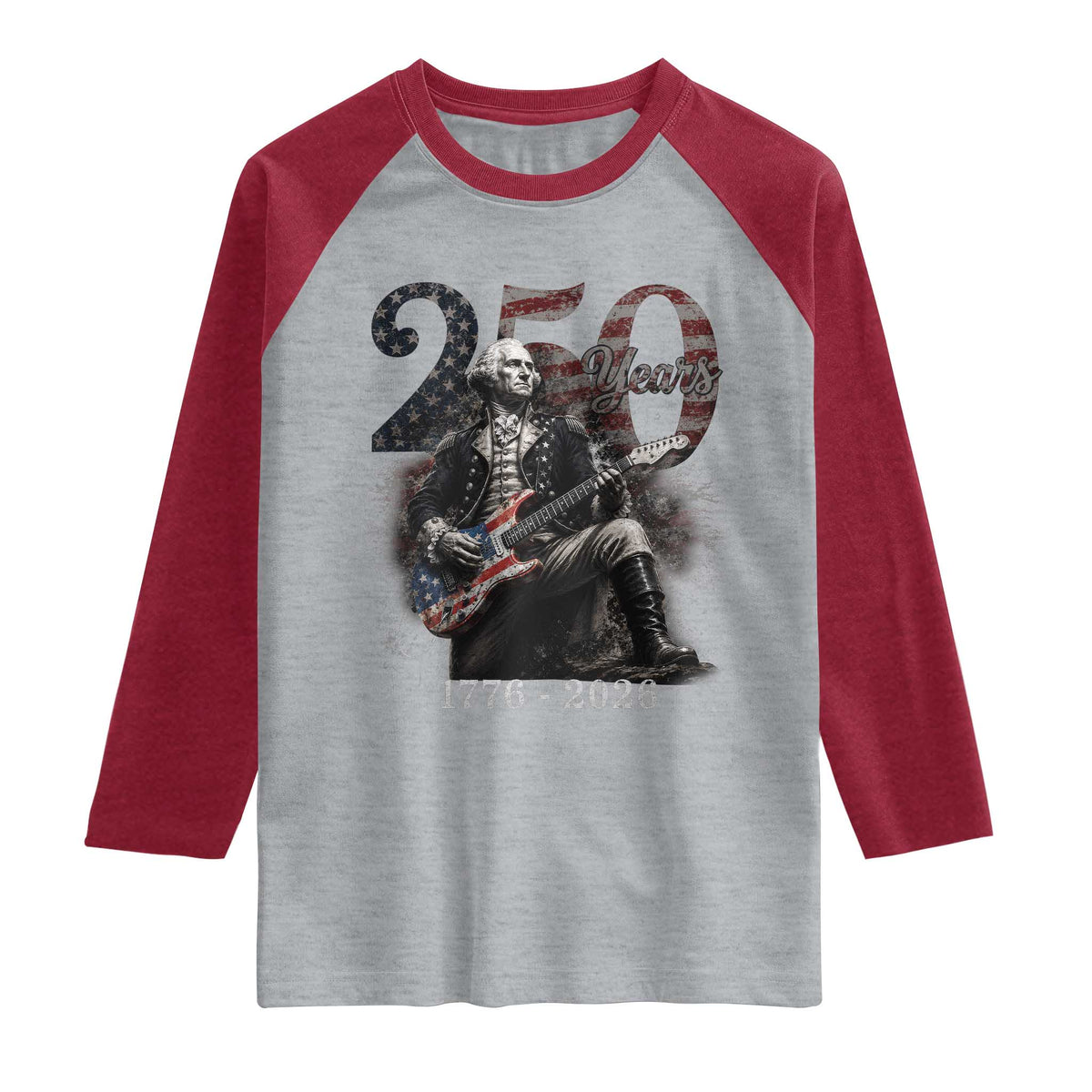 Vintage George Washington Playing Guitar 250 Years Raglan Shirt 1776 2026 Humor Patriotic USA Flag
