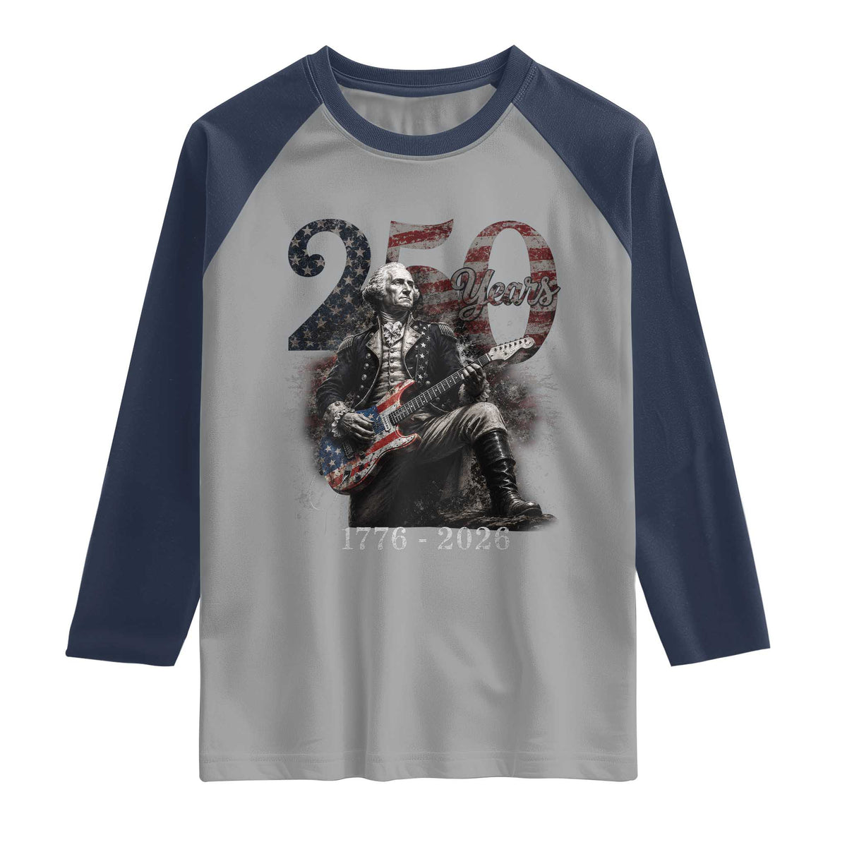 Vintage George Washington Playing Guitar 250 Years Raglan Shirt 1776 2026 Humor Patriotic USA Flag