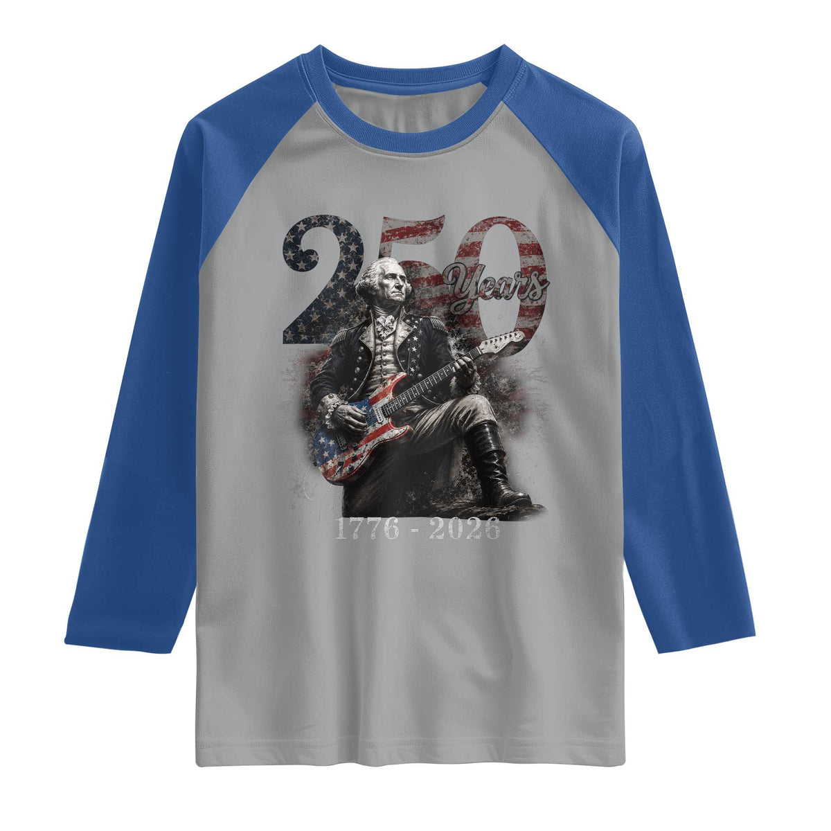 Vintage George Washington Playing Guitar 250 Years Raglan Shirt 1776 2026 Humor Patriotic USA Flag