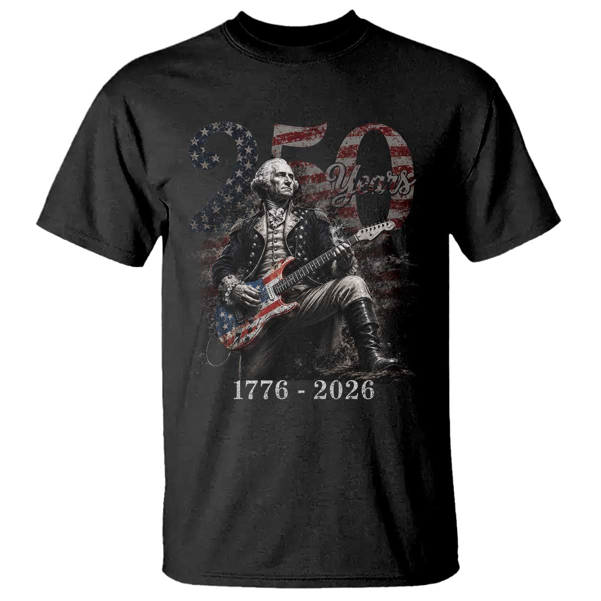 Vintage George Washington Playing Guitar 250 Years T Shirt 1776 2026 Humor Patriotic USA Flag