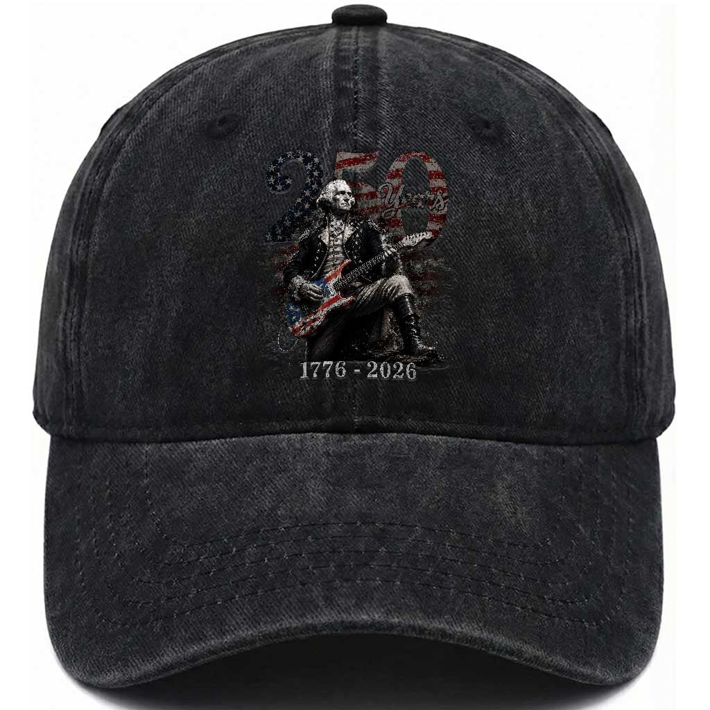 Vintage George Washington Playing Guitar 250 Years Washed Cotton Baseball Cap 1776 2026 Humor Patriotic USA Flag