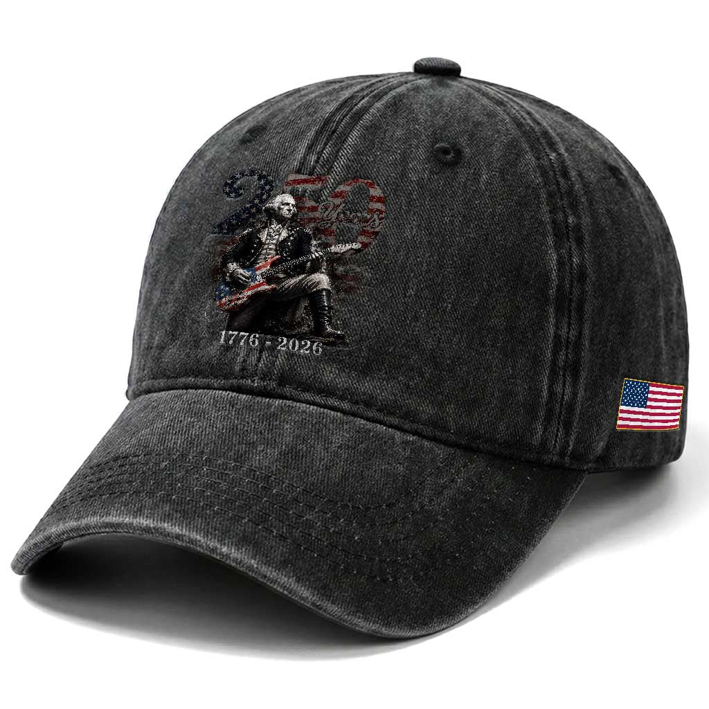 Vintage George Washington Playing Guitar 250 Years Washed Cotton Baseball Cap 1776 2026 Humor Patriotic USA Flag