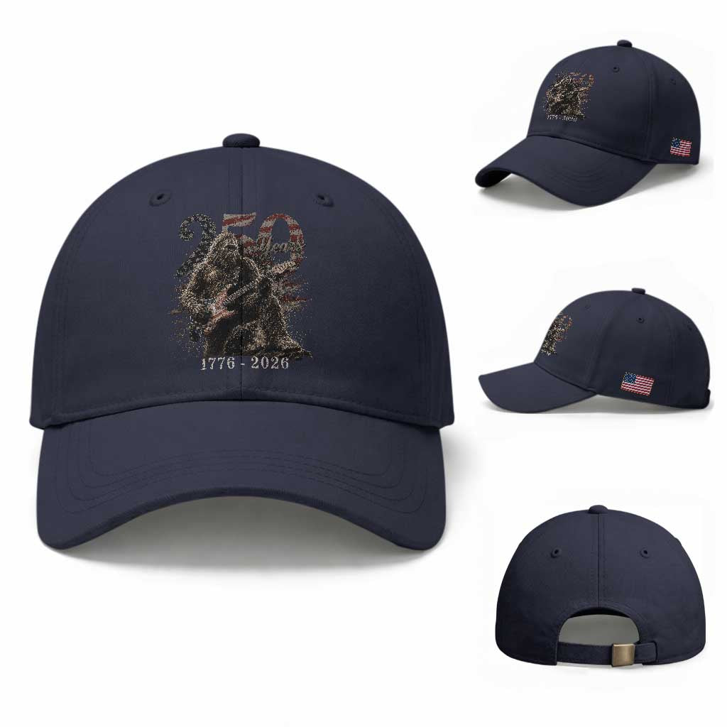 Vintage Bigfoot Playing Guitar 250 Years Baseball Cap 1776 2026 Bigfoot Patriotic USA Flag Sasquatch