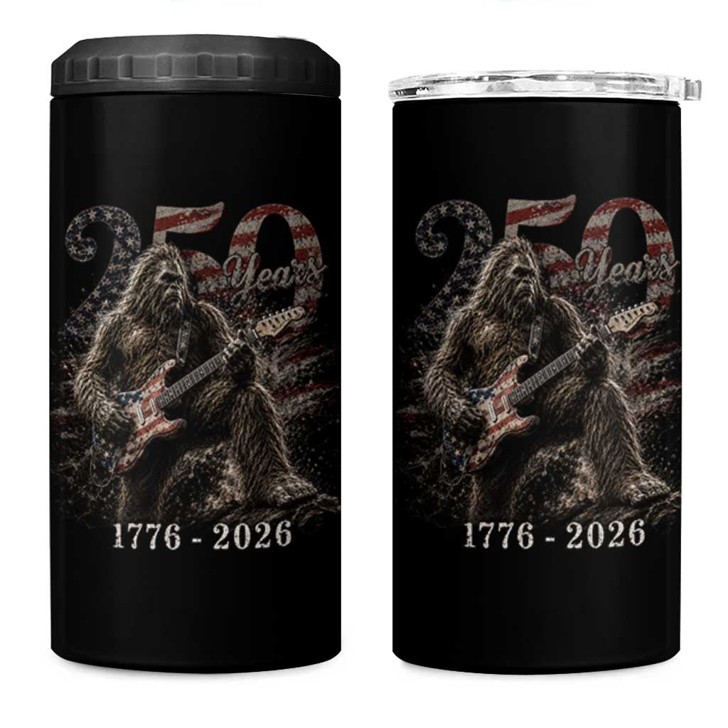 Vintage Bigfoot Playing Guitar 250 Years 4 in 1 Can Cooler Tumbler 1776 2026 Bigfoot Patriotic USA Flag Sasquatch