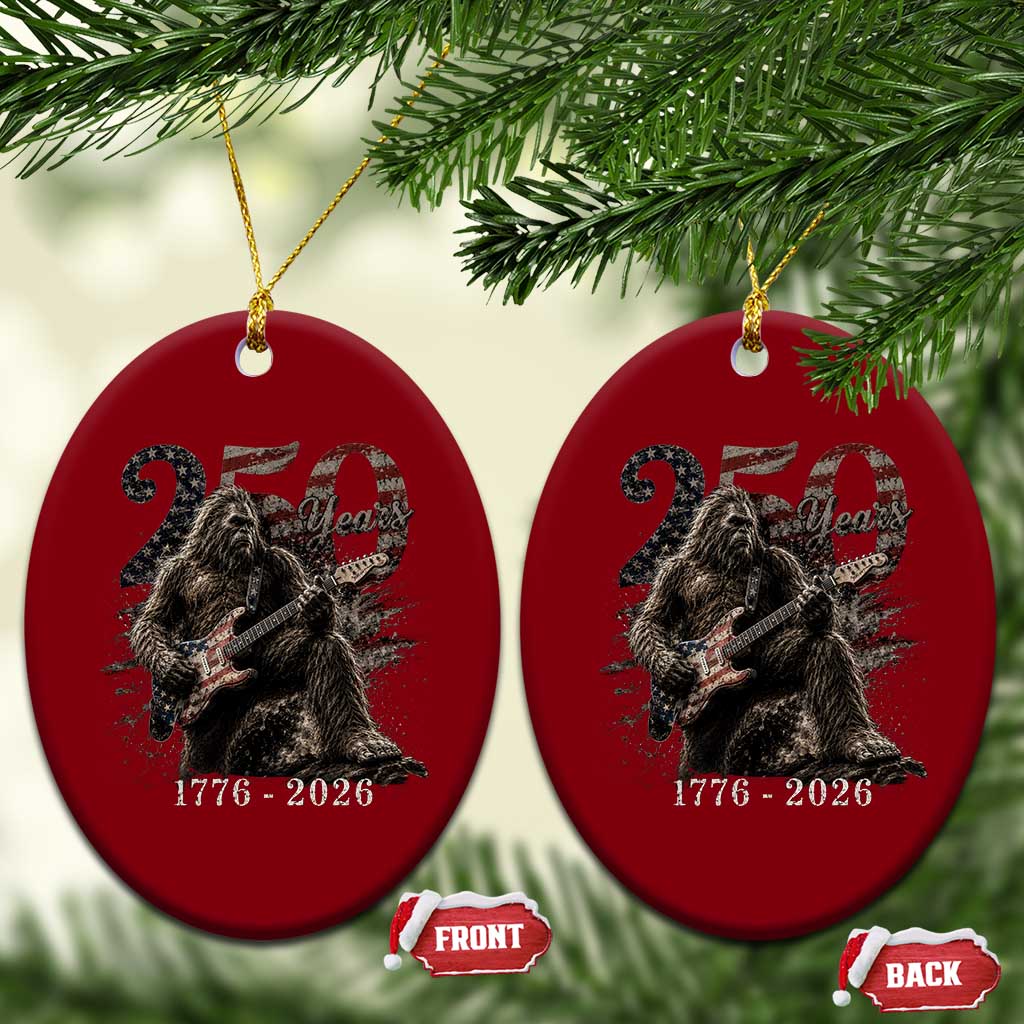 Vintage Bigfoot Playing Guitar 250 Years Ceramic Ornament 1776 2026 Bigfoot Patriotic USA Flag Sasquatch