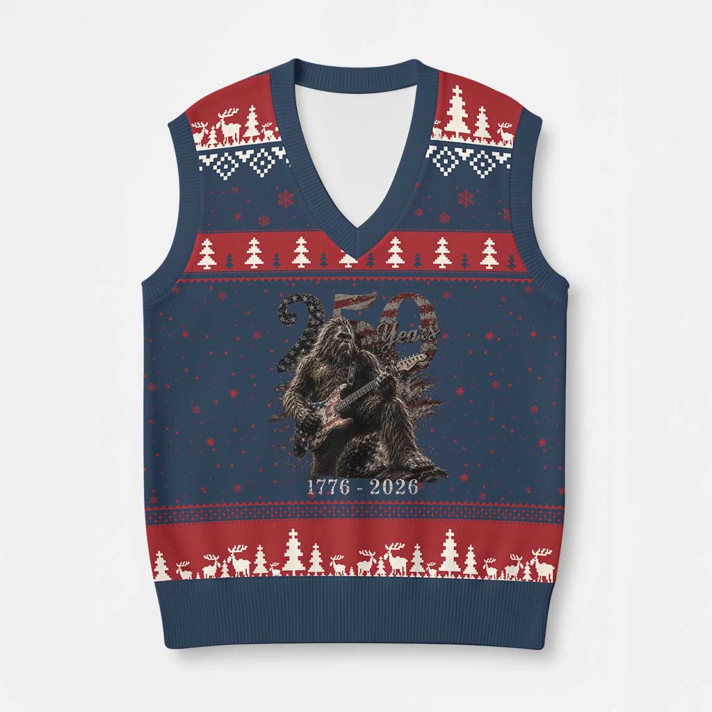Vintage Bigfoot Playing Guitar 250 Years V-Neck Knit Sweater Vest 1776 2026 Bigfoot Patriotic USA Flag Sasquatch