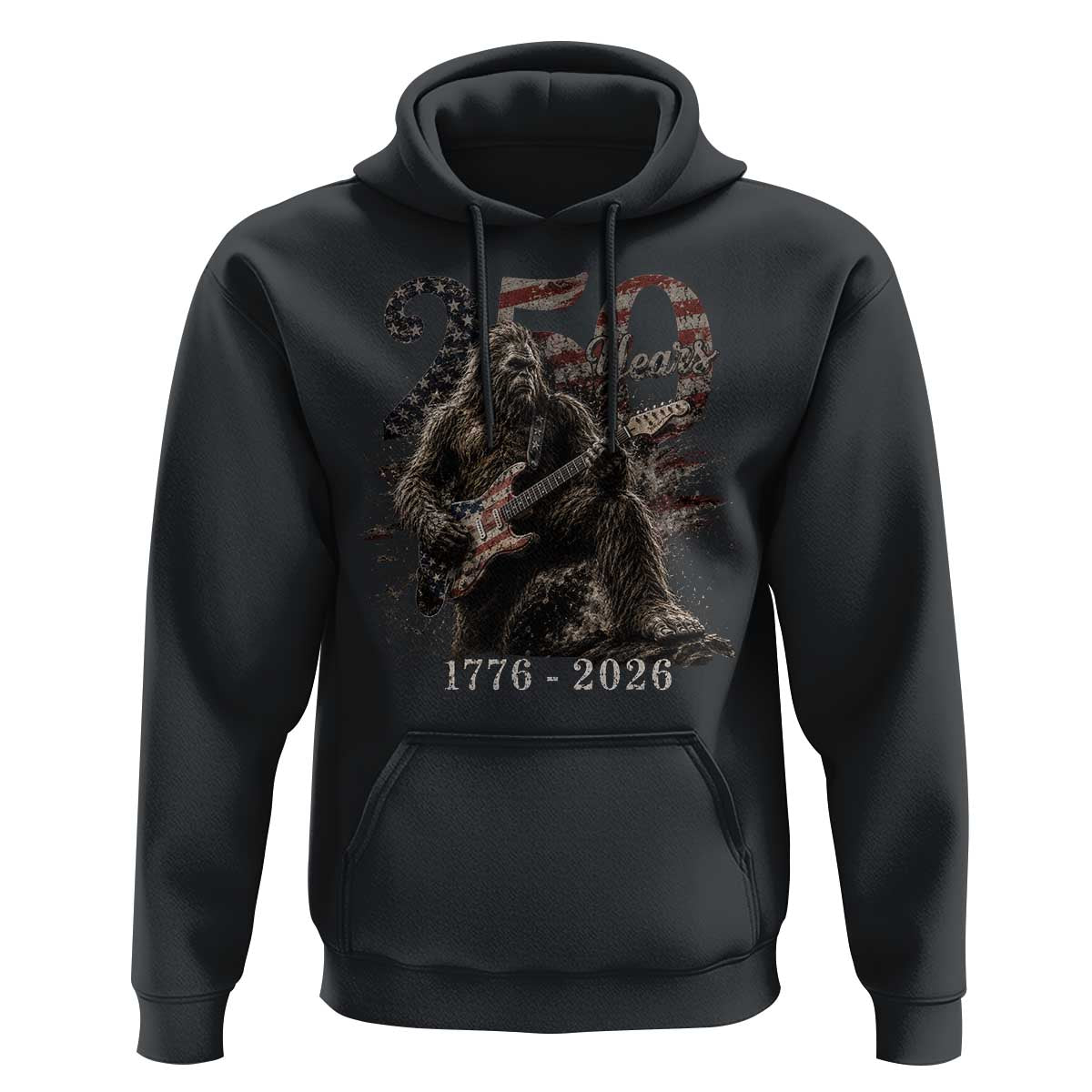 Vintage Bigfoot Playing Guitar 250 Years Hoodie 1776 2026 Bigfoot Patriotic USA Flag Sasquatch