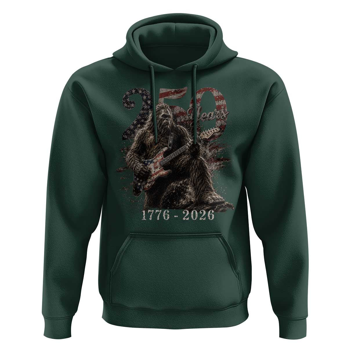 Vintage Bigfoot Playing Guitar 250 Years Hoodie 1776 2026 Bigfoot Patriotic USA Flag Sasquatch