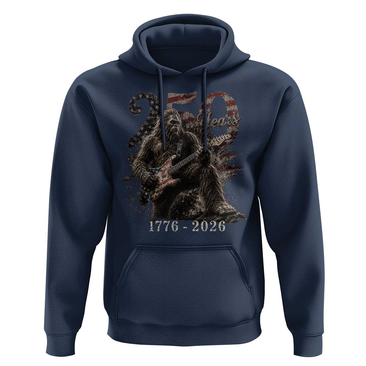 Vintage Bigfoot Playing Guitar 250 Years Hoodie 1776 2026 Bigfoot Patriotic USA Flag Sasquatch
