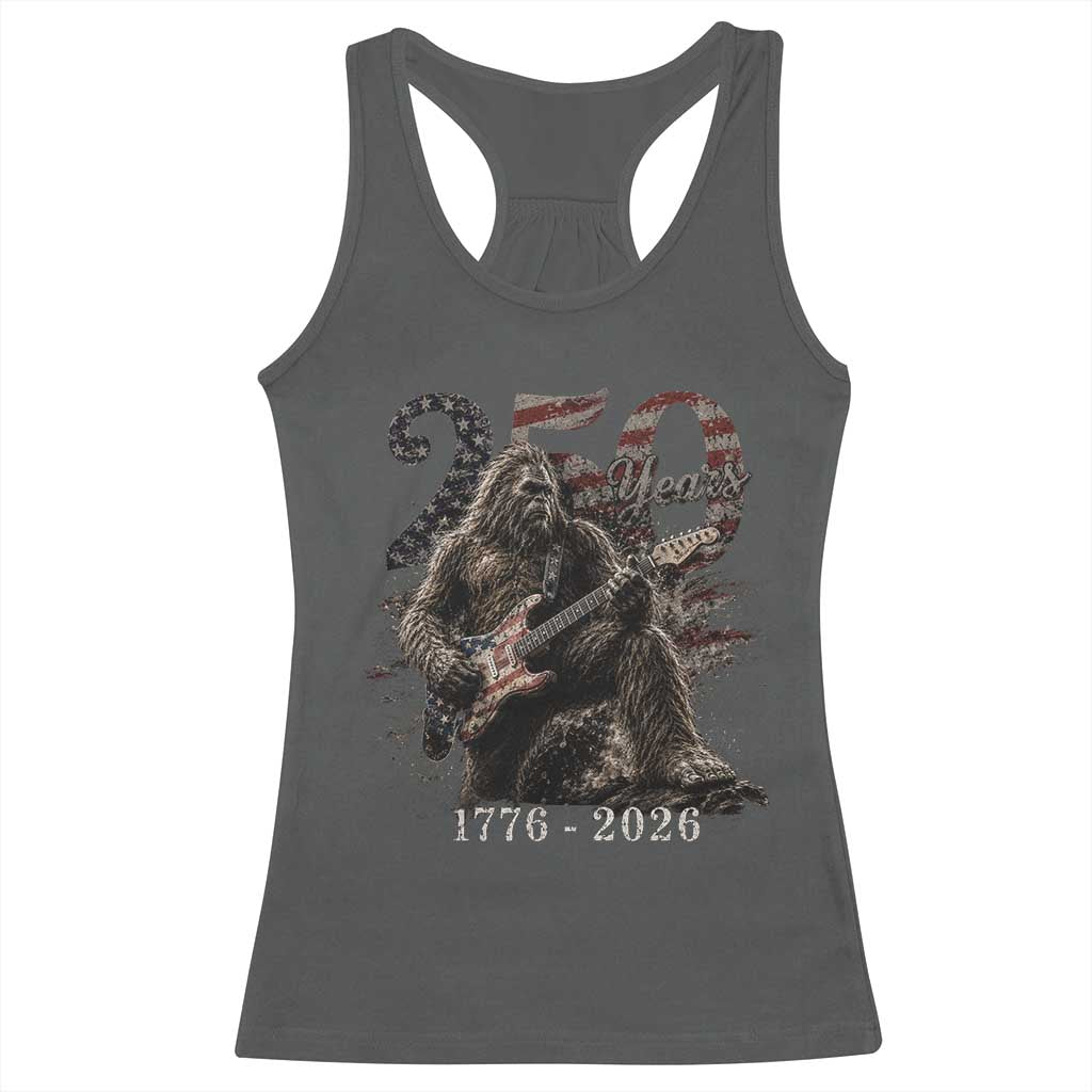 Vintage Bigfoot Playing Guitar 250 Years Racerback Tank Top 1776 2026 Bigfoot Patriotic USA Flag Sasquatch