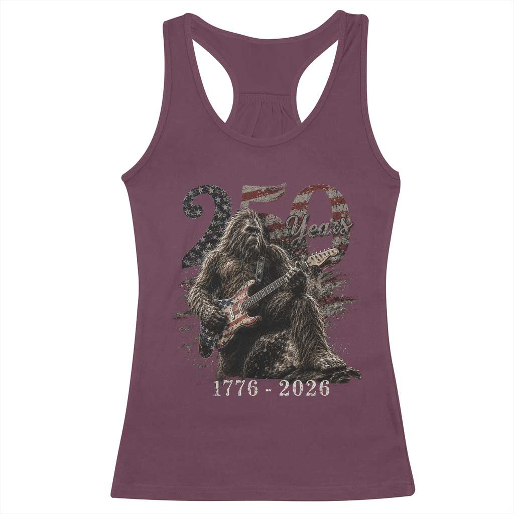 Vintage Bigfoot Playing Guitar 250 Years Racerback Tank Top 1776 2026 Bigfoot Patriotic USA Flag Sasquatch