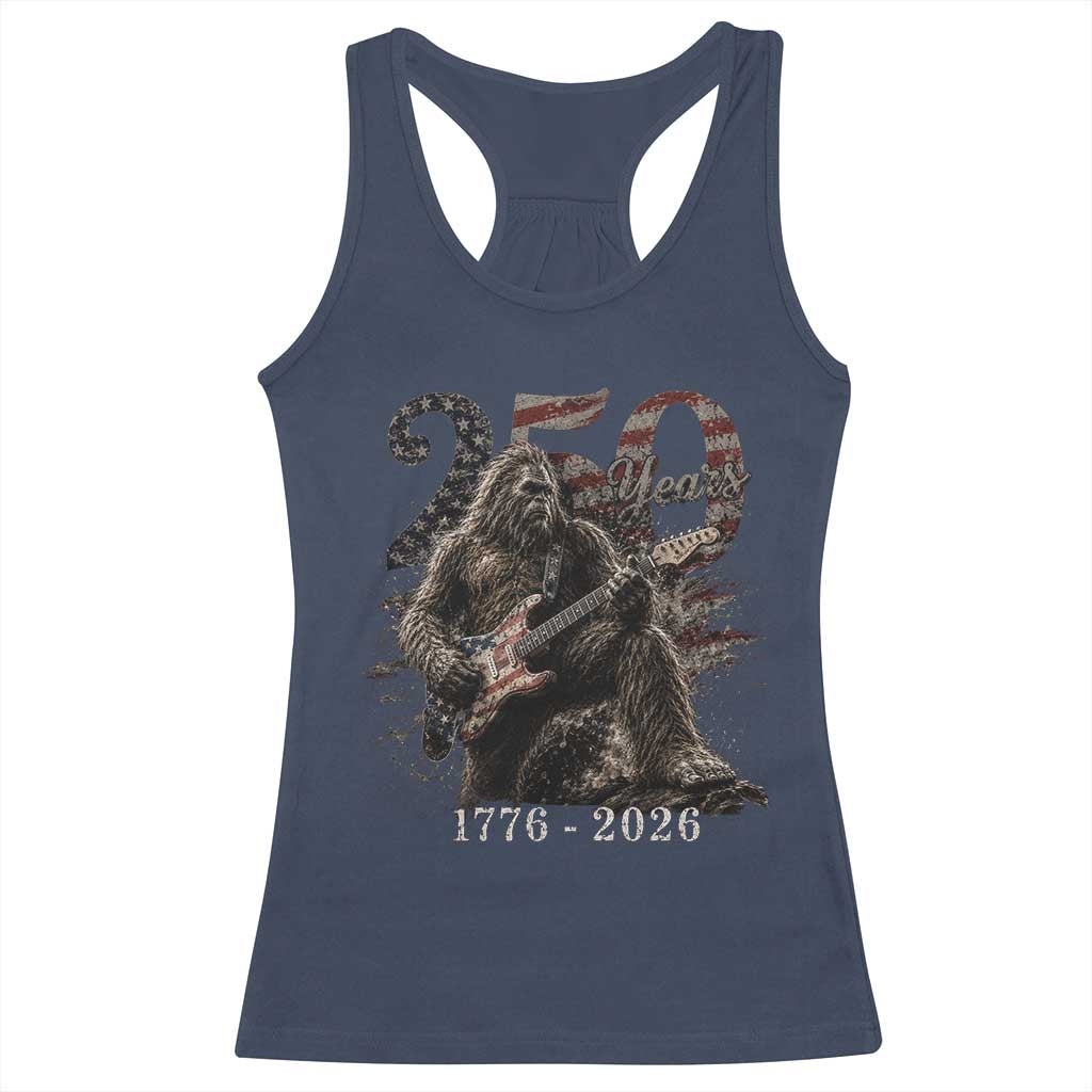 Vintage Bigfoot Playing Guitar 250 Years Racerback Tank Top 1776 2026 Bigfoot Patriotic USA Flag Sasquatch