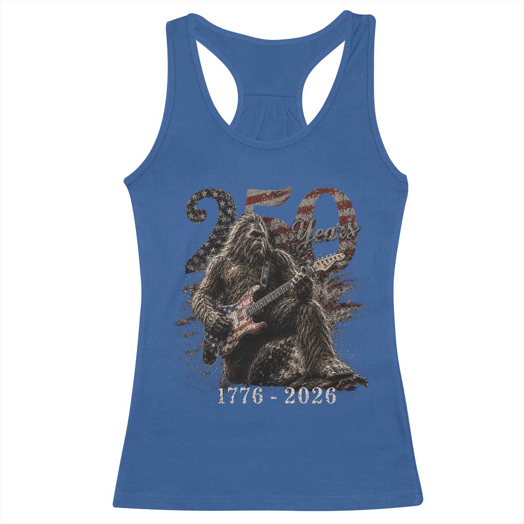 Vintage Bigfoot Playing Guitar 250 Years Racerback Tank Top 1776 2026 Bigfoot Patriotic USA Flag Sasquatch