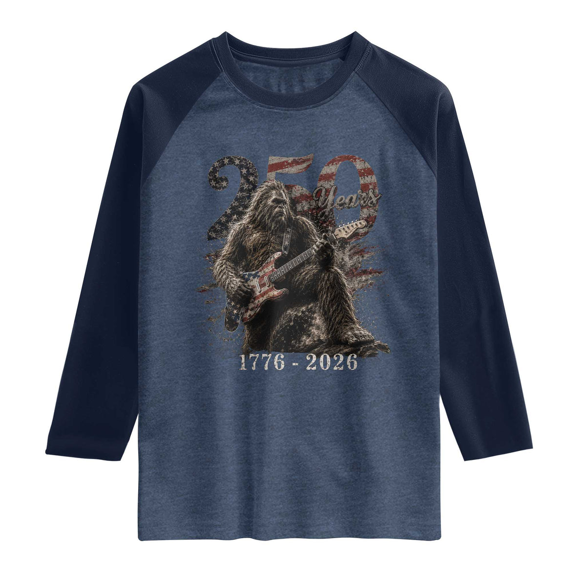 Vintage Bigfoot Playing Guitar 250 Years Raglan Shirt 1776 2026 Bigfoot Patriotic USA Flag Sasquatch
